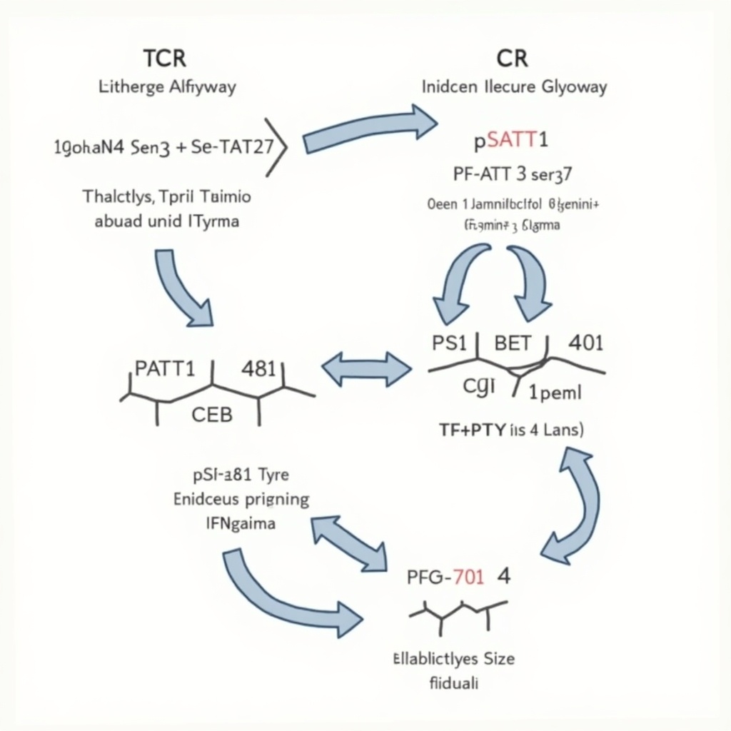 Diagram showing the relationship between TCR and IL12 in initiating Glycolysis. Glycolysis sub-pathway produces O-GlcNAc on STAT1 at Ser499 and Thr510. Resulting stable pSTAT1 Ser727 increases IFNgamma. Glycolysis also activates pSTAT1 Tyr701. pSTAT1 Tyr701 triggers T-Bet activation and production of IFNgamma. pSTAT1 Tyr701 leads to Th1 differentiation while pSTAT1 Ser727 supports Th1 lineage stability.