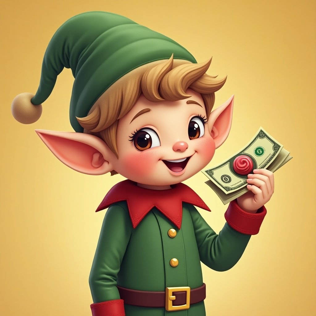 Elf character wearing green outfit and red collar. Holding dollar bills with a joyful expression. Background is soft yellow.