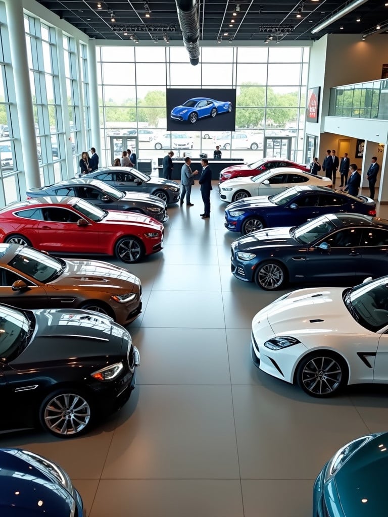 Showroom filled with various luxury cars. Bright and spacious environment. Large windows with natural light. Customers and sales representatives engaged in discussions. Cars displayed in a visually appealing manner.