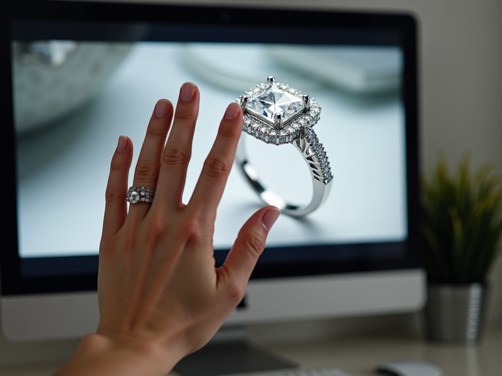 A hand is shown against a computer screen displaying a diamond ring. The hand is positioned with fingers spread slightly. The screen shows a detailed and elegant diamond ring with sparkling stones. The actual hand does not have any rings on its fingers. The image is focused on the comparison between the hand and the ring on the screen.