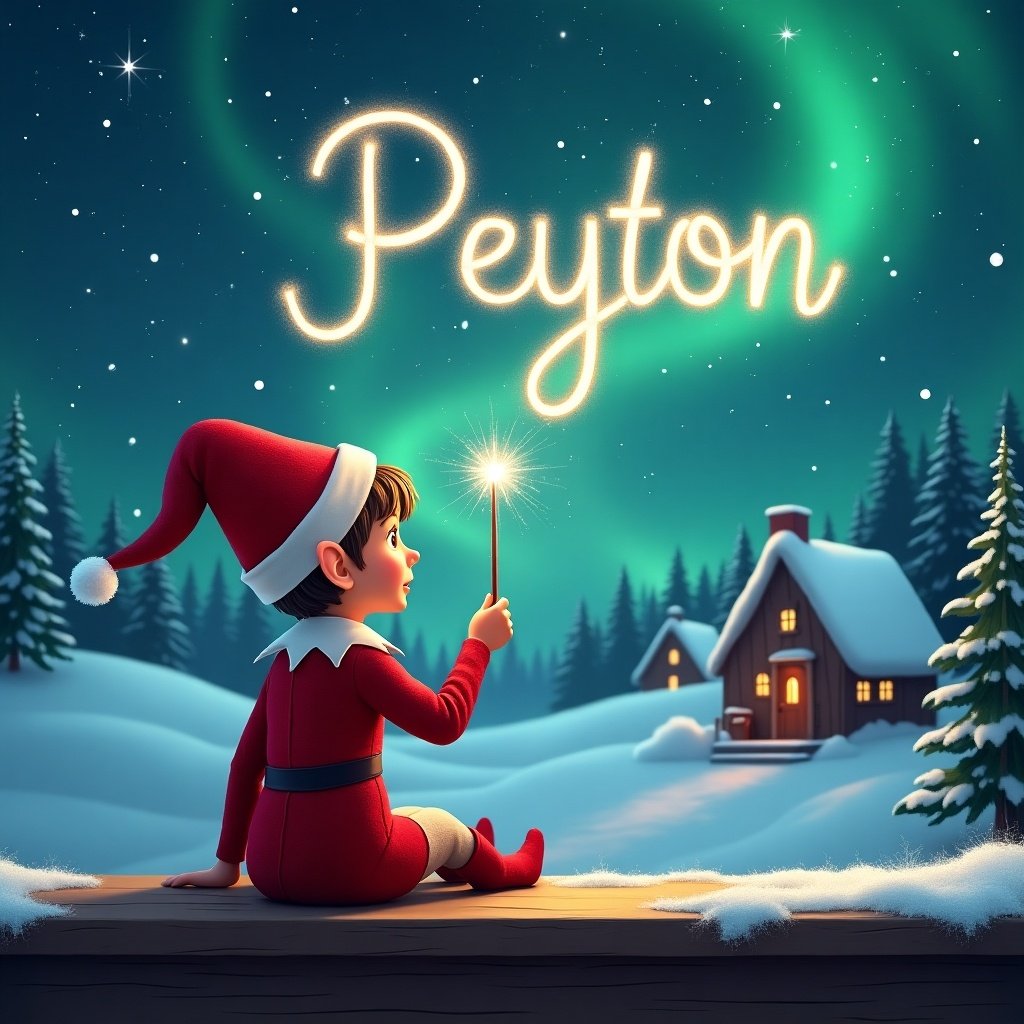 An elf sits on a wooden ledge with its back to the camera, gazing at a magical sky. The elf, dressed in a red outfit with a pointed hat, holds a sparkling wand. With the wand, the elf elegantly writes the name ‘Peyton’ in the starry sky. The background features a snowy landscape with charming little houses and evergreen trees under the shimmering Northern Lights. This whimsical scene captures the essence of childhood magic and Christmas cheer.