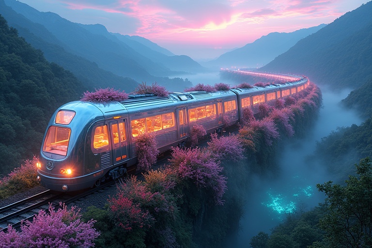 Photograph of a surreal train resembling a mythical serpent. Train covered in flower vines glowing with pastel colors. Glass roof and windows show glowing interior with plants and water. Railway in natural beauty with rivers and bioluminescent flowers. Mountains pulsing with light and mist swirling around. Sky filled with pastel colors and lights.