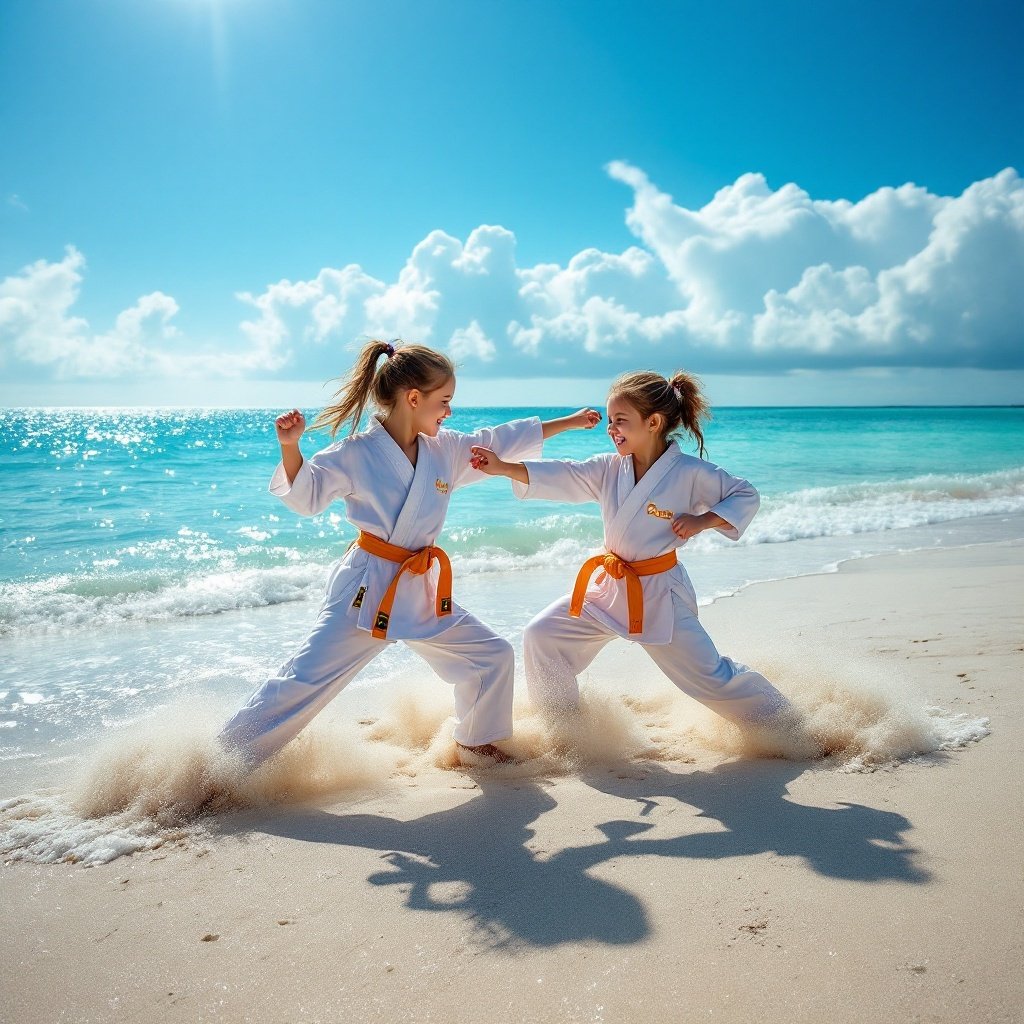 Two spirited girls in white taekwondo uniforms practicing on a beach. The sun shines brightly under a blue sky. Giggles fill the air as they kick and punch on the sand. Their movements create clouds of fine sand. The beach reflects a serene atmosphere with turquoise water. The scene captures joy and friendship.