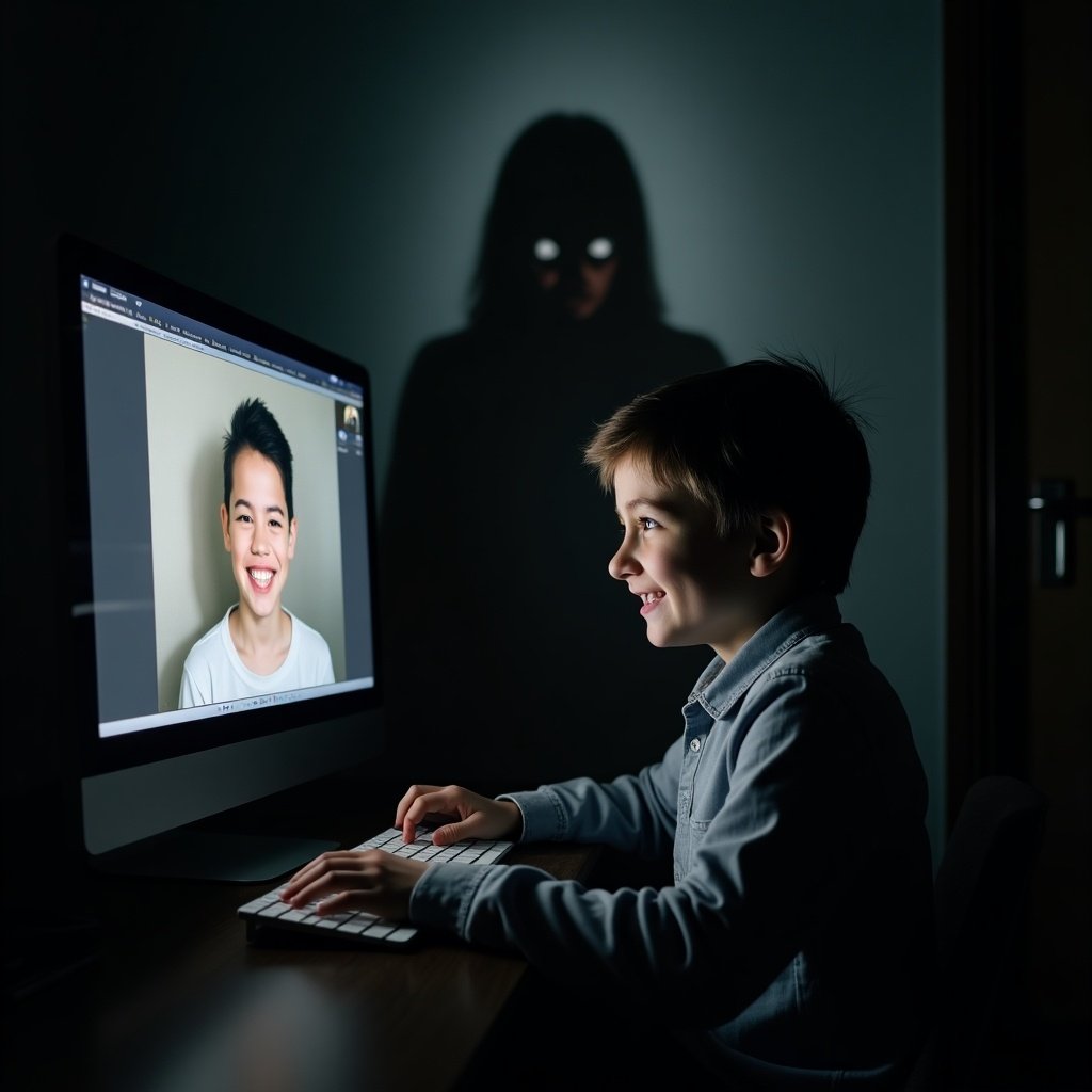 A young boy types at a computer in a dimly lit room. He smiles innocently. A friendly profile picture appears on the screen. A shadowy figure looms behind the screen. The mother stands outside, looking worried and unaware.