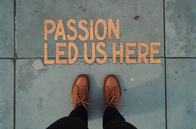 Brown shoes stand on pavement with the words 'Passion led us here' written in bold letters.