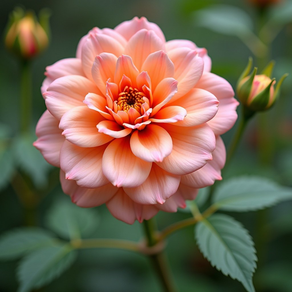 Beautiful blooming dahlia flower in soft peach color with green leaves in the background