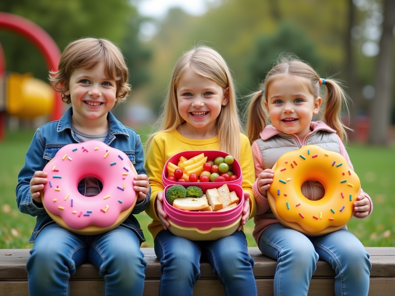 This image features three happy children sitting on a bench in a playground, holding large lunchboxes designed like doughnuts. Each lunchbox is brightly colored and filled with a variety of healthy foods, including fruits, vegetables, and sandwiches. The children are smiling widely, enjoying their nutritious meal while surrounded by playful outdoor scenery. The background shows playground equipment, enhancing the cheerful atmosphere. This scene promotes healthy eating habits for kids in a fun and engaging way.