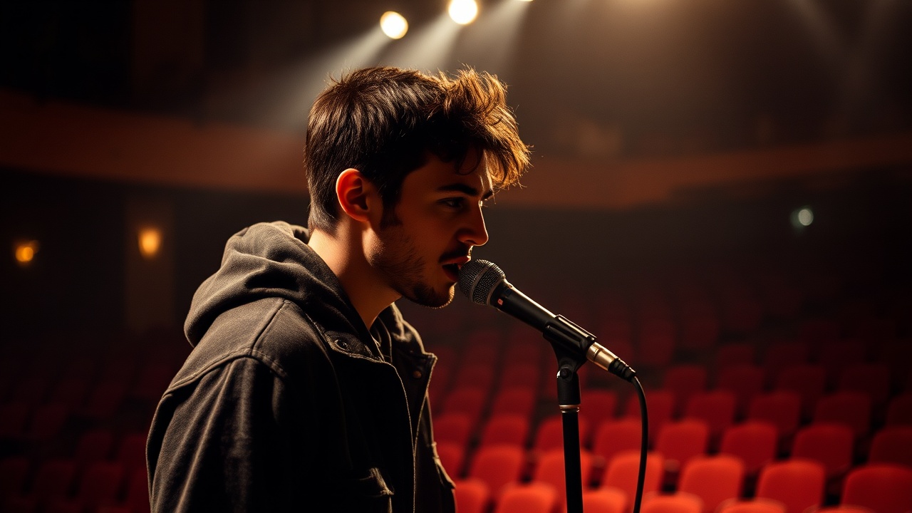 a young male singer performing on stage with a microphone, side profile view, spotlight effect, empty theater seats, dramatic lighting, warm colors