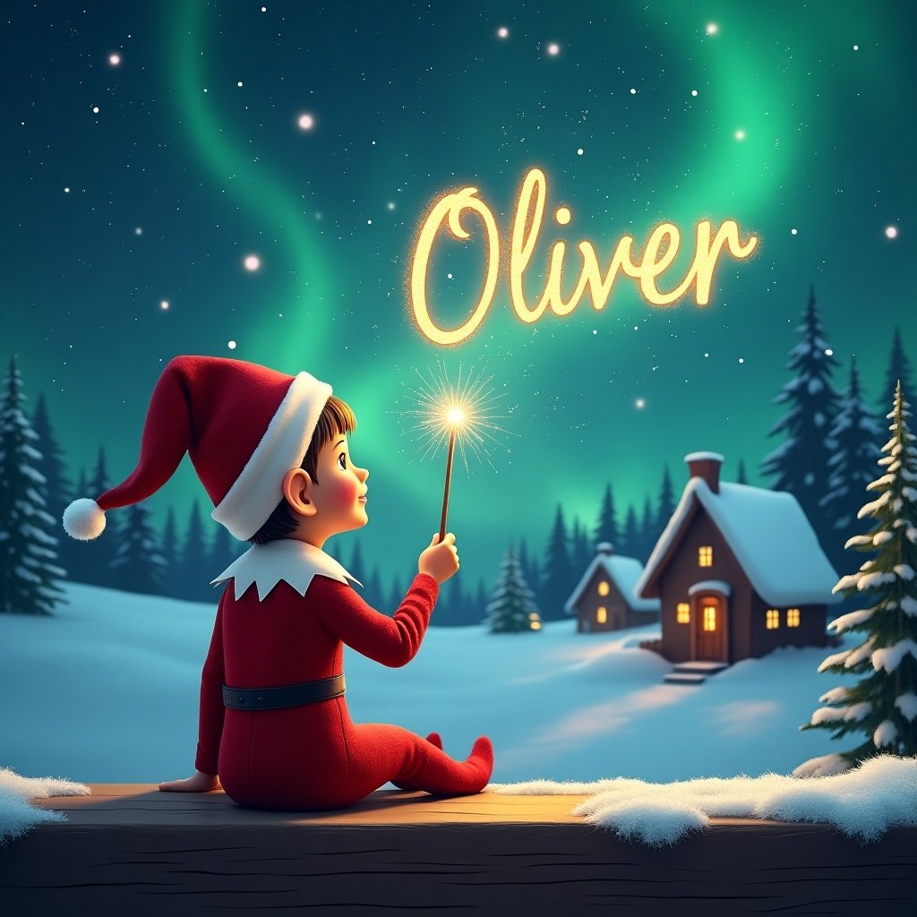 Elf sits on wooden ledge with back to camera. Elf wears red outfit and pointed hat. Elf holds sparkling wand. Elf writes 'Oliver' in starry sky. Background shows snowy landscape with charming houses and evergreen trees under Northern Lights. Whimsical Christmas scene captures essence of childhood magic.