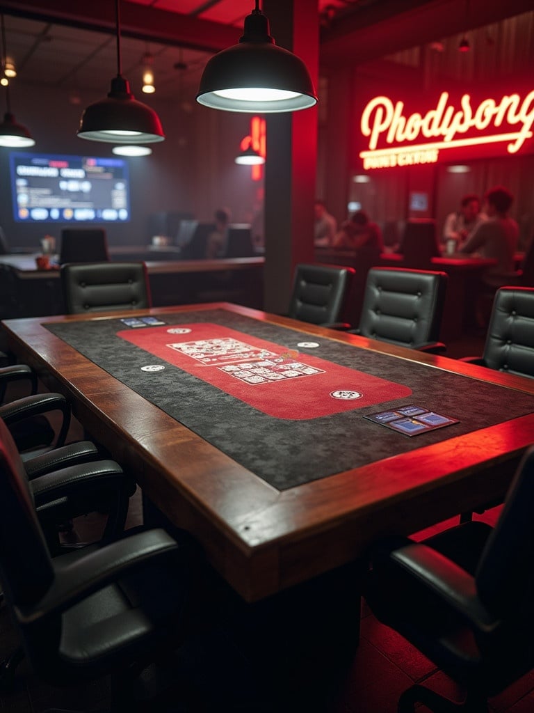 Gaming lounge with a modern poker table. Poker table features chips and cards. Soft red and warm lighting from overhead lamps. Table is surrounded by black leather chairs. Background includes blurred figures and neon signage. Eye-level perspective highlights table.