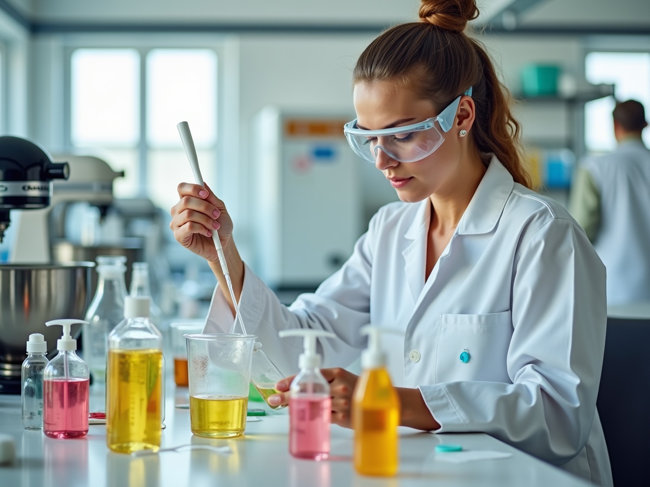 Put me in a lab making shampoo. The lab is bright and filled with various equipment like beakers and mixers. I am wearing a lab coat and protective goggles, carefully measuring out ingredients. There are colorful bottles and labels on the table, ready for filling. The atmosphere is vibrant and focused, with the scent of natural oils in the air.