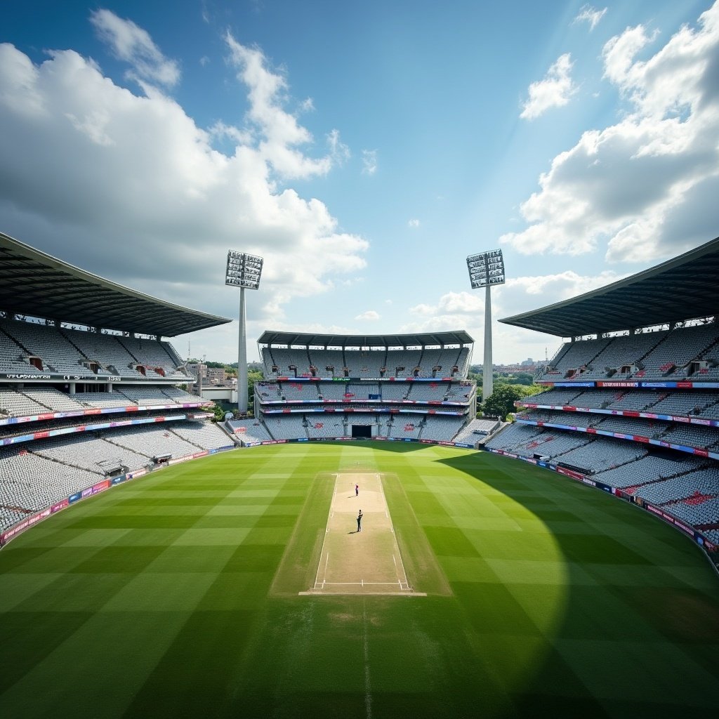 Aerial view of a cricket stadium showcasing a well-maintained green field and empty spectator stands under a bright blue sky with fluffy clouds.