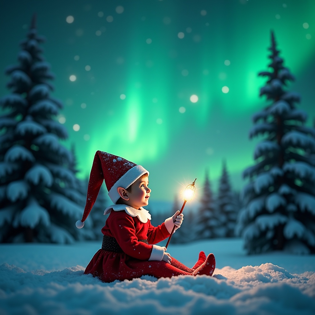 This enchanting scene features a child dressed as an elf, sitting in a snowy landscape. Above, vibrant northern lights create a magical backdrop. The child holds a wand-like object that glows softly, adding to the sense of wonder. Snow-covered trees surround them, enhancing the serene winter atmosphere. The sky is an array of greens, blues, and stars, evoking holiday joy and cheer. This image captures the essence of festive traditions associated with the winter season.