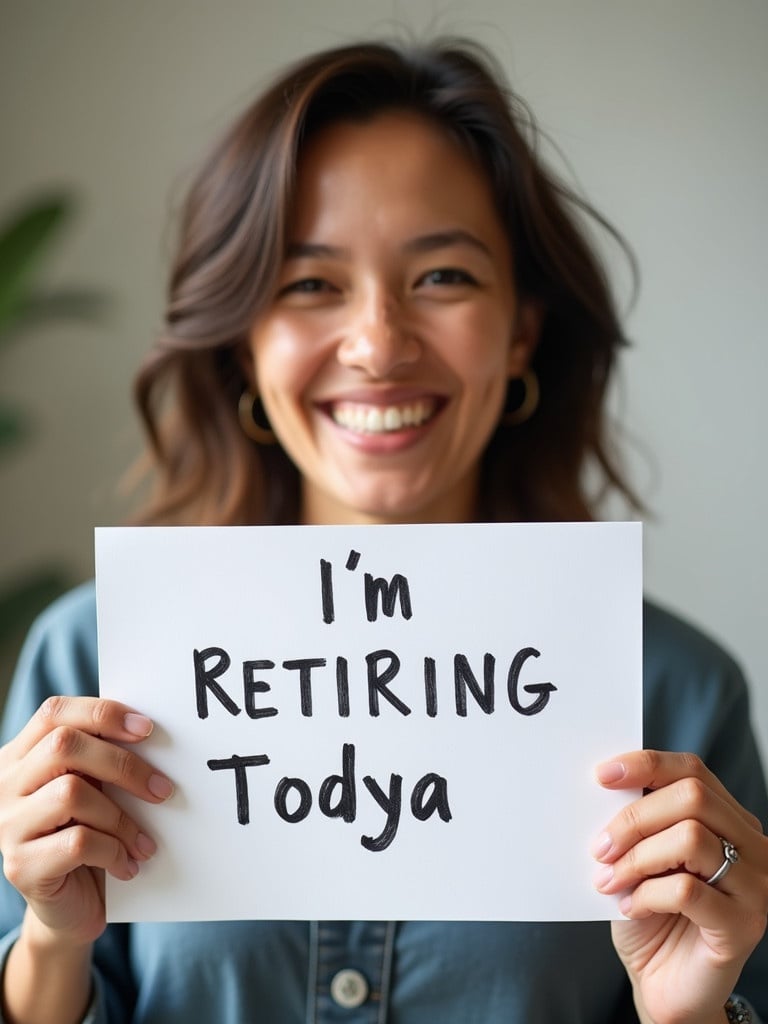 A joyful person holds a sign with a handwritten message. The sign reads 'I'm RETIRING Todya'. The person's right arm and hand are visible. The expression is one of happiness.