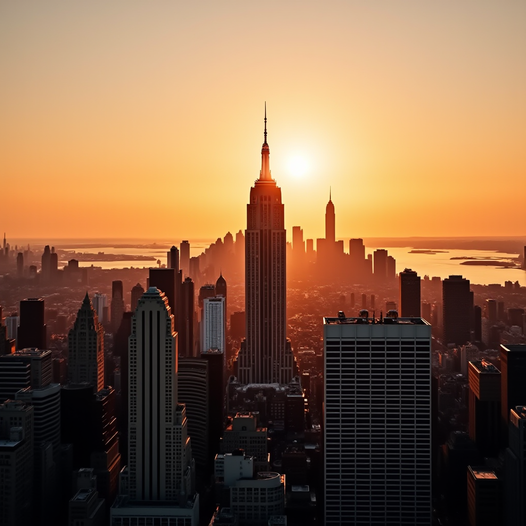 The sun sets behind the iconic skyline of New York City, casting a warm orange glow over the skyscrapers.