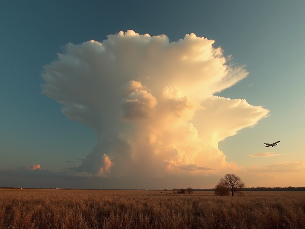 A large, glowing cloud dominates the sky above a vast open field with an airplane flying beside it.