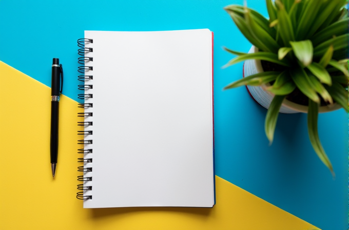 A blank spiral notebook sits open with a black pen on a colorful background beside a green leafy plant.