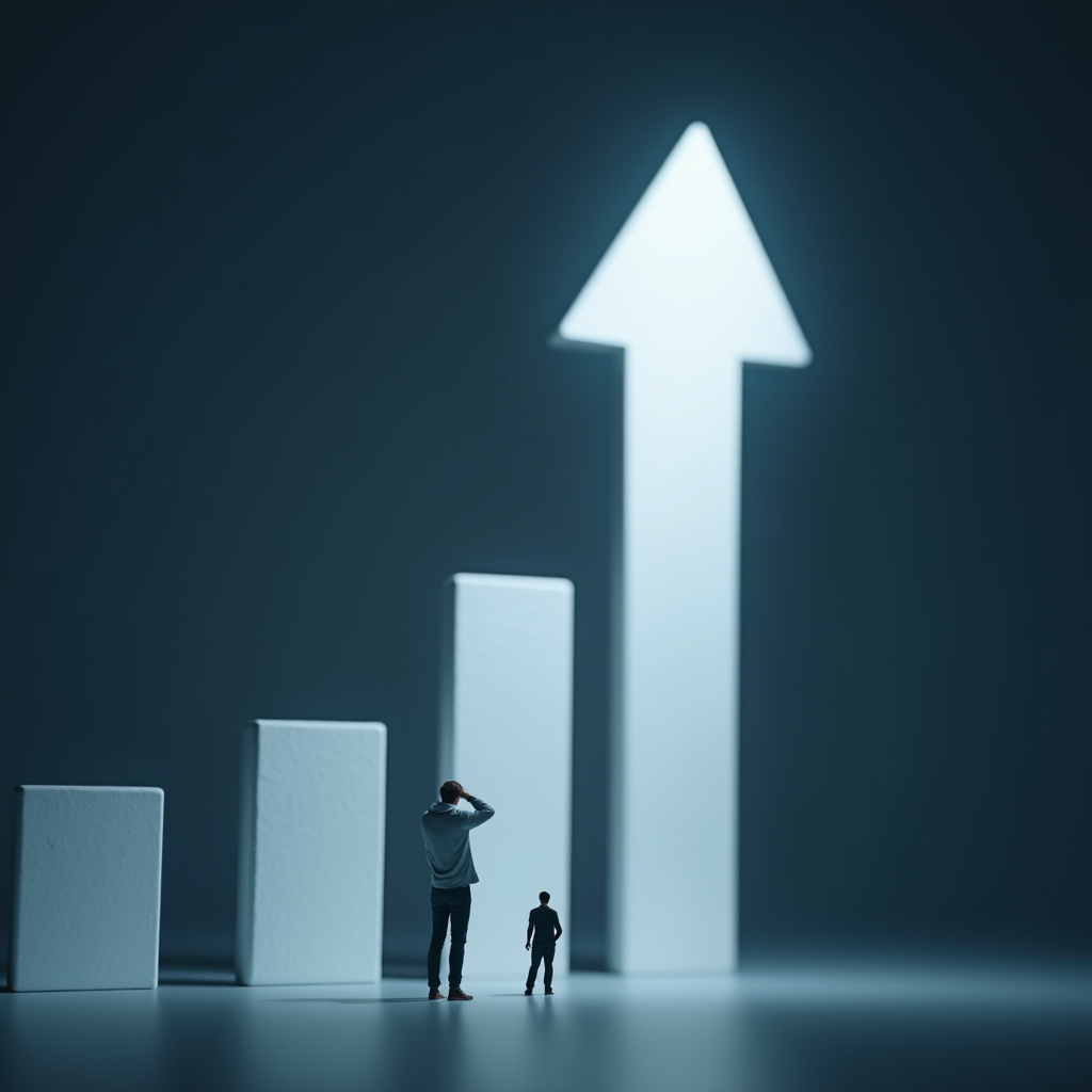 Two figures stand in front of an ascending graph, emphasizing growth and progress.