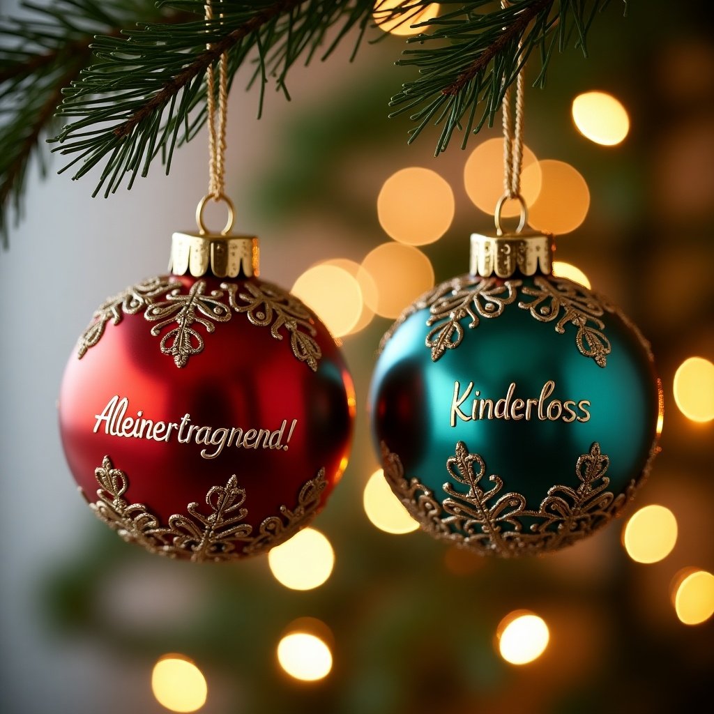 Image of two Christmas baubles  One red with 'Alleinerziehend' and one teal with 'Kinderlos'  Baubles have golden details and intricate patterns  Background has blurred Christmas lights  Scene evokes a warm holiday spirit