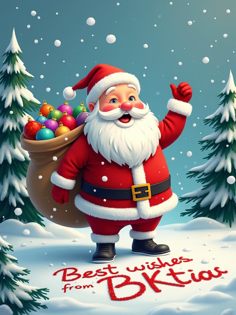 Santa Claus wears a red suit holding a sack with colorful ornaments. He stands in snow surrounded by pine trees. Snowflakes fall around him. He writes 'Best wishes from BKT' in the snow. Chilly winter vibe is cheerful.