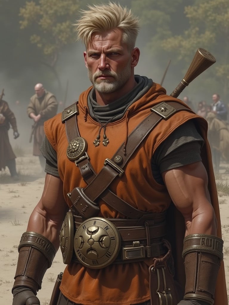 Fantasy warrior wearing brown tunic and armor. Muscular arms visible. Shield visible on chest with emblems. Background features other warriors blurred in motion. Element of action and adventure in a historic setting.