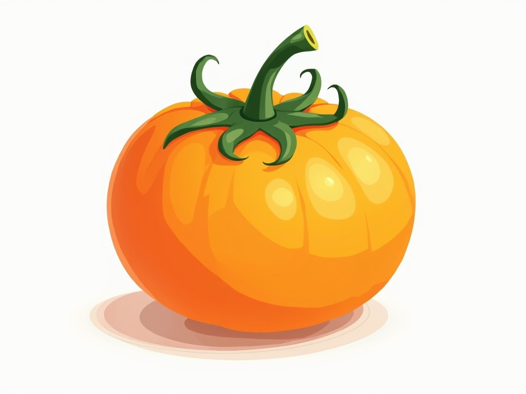 This image features a digital illustration of a vivid orange tomato with a glossy surface. The tomato is depicted with a stylized green stem curling upwards. The bright colors and simplistic design create an appealing, cartoon-like appearance.