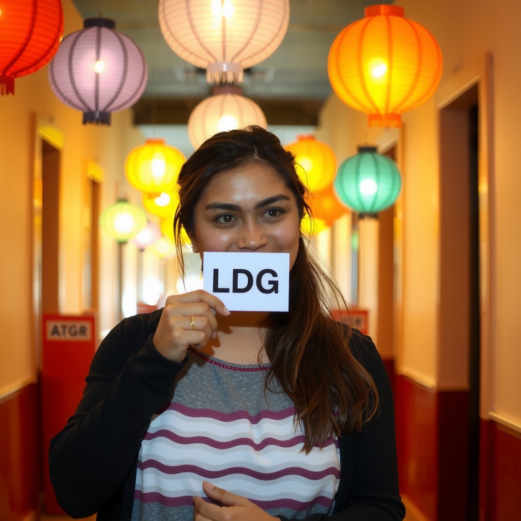 A woman holding a sign that reads 'LDG' stands in a hallway adorned with colorful, glowing lanterns.