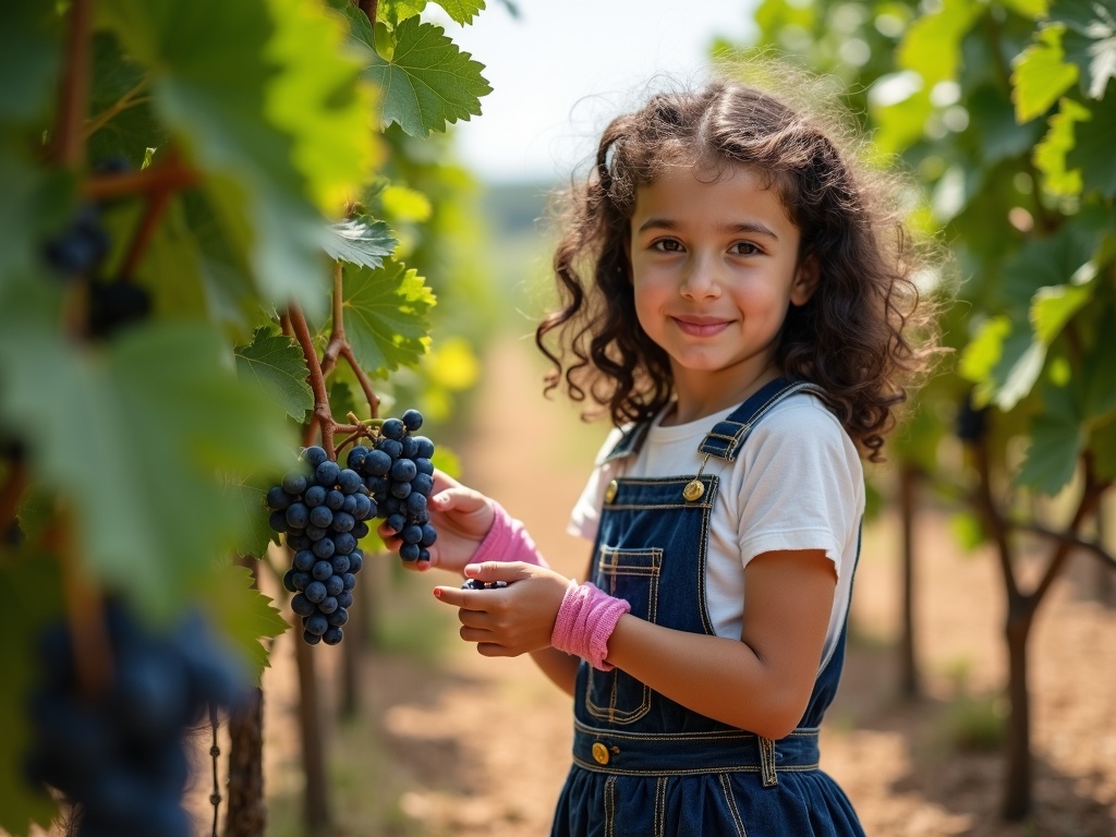 A girl stands beside a vine and checks the quality of blue grapes. She is dressed in a white top and a dark blue skirt with pink socks and shoes. Dark curly hair frames her face as she inspects grapes. Warm sunlight casts a glow over the green vines and earth.