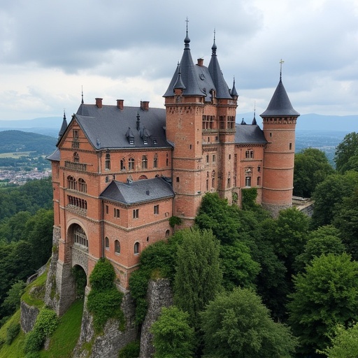 Famous castle located in Heidelberg Germany with tall towers and lush greenery surrounding it. The castle is built on a hilltop and provides a breathtaking view of the landscape.