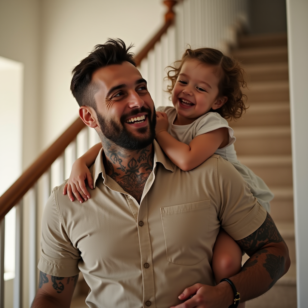 A father with tattoos happily carries his smiling daughter on his back indoors.