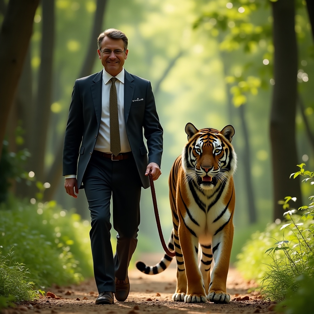 A man walking on a path in a forest with a tiger on a leash. The man is dressed in business attire, showing confidence and calmness. The background consists of lush green trees and dappled sunlight.