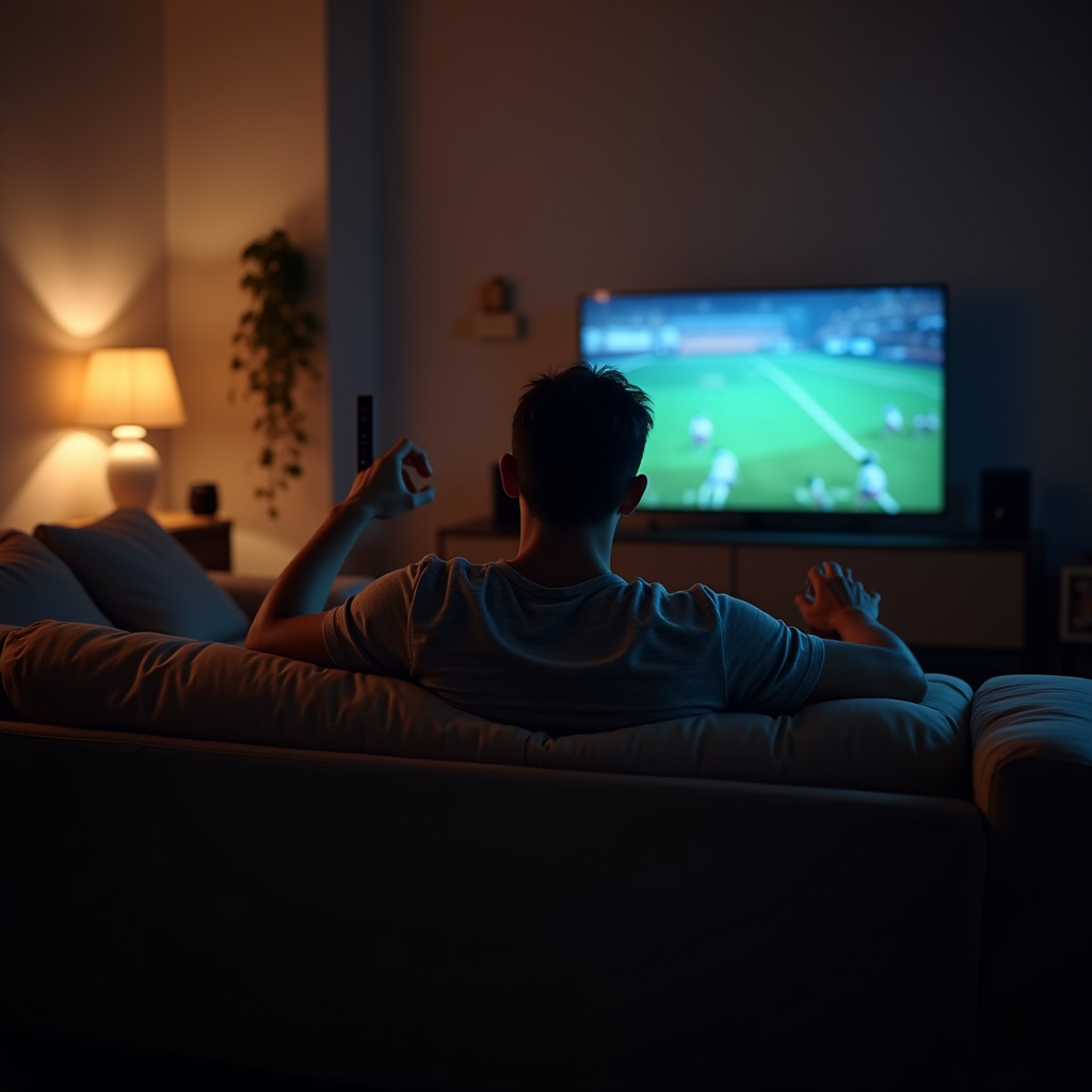 The image depicts a person relaxing in a dimly lit living room while watching a sports game on television. The individual is seated on a comfortable sofa, facing the TV screen. The setting exudes a cozy evening atmosphere, with a warm glow from a table lamp on the side, highlighting some home plants and decorative elements. The TV displays a soccer match, evident from the green field and players in action. The person appears engaged, holding a remote control, adding to the ambiance of an intimate, relaxing night in.