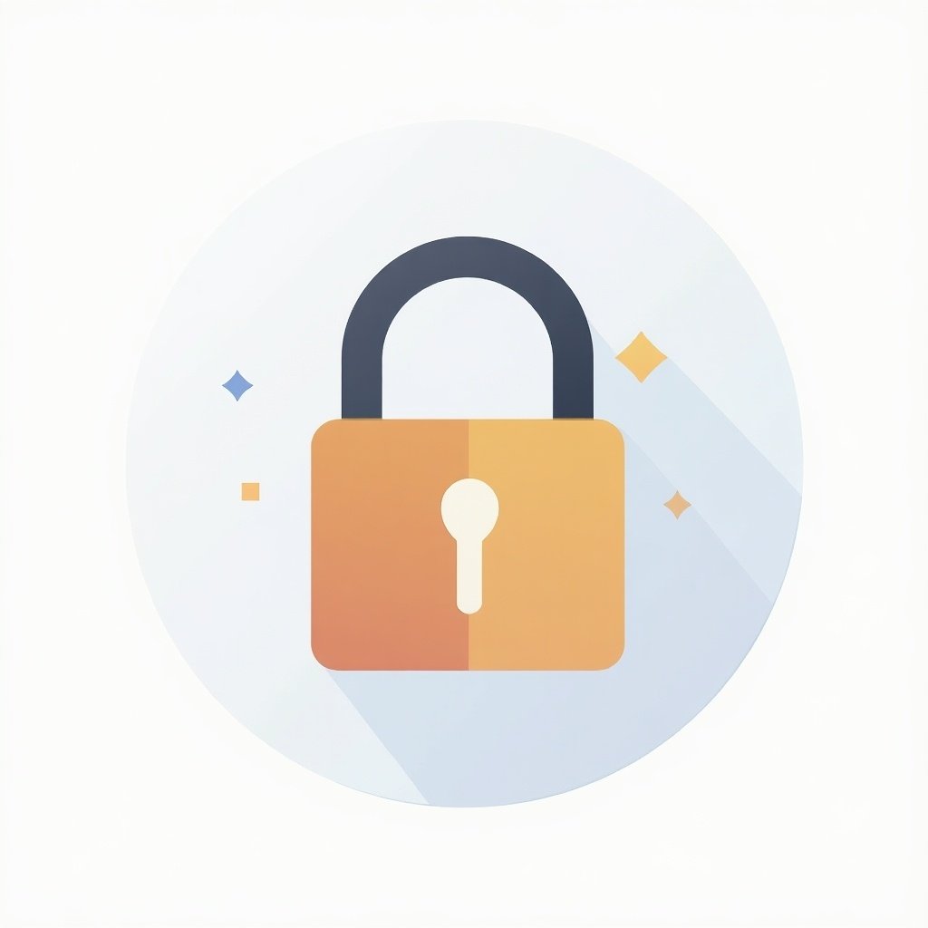 This image features a modern padlock icon against a simple circular background. The padlock is predominantly orange and black, symbolizing security and protection. It includes a keyhole at its center, enhancing the theme of privacy. Subtle light blue accents in the background add a touch of playfulness. The design employs a flat style with a slight shadow for depth, making it visually appealing and straightforward for users to understand its meaning.