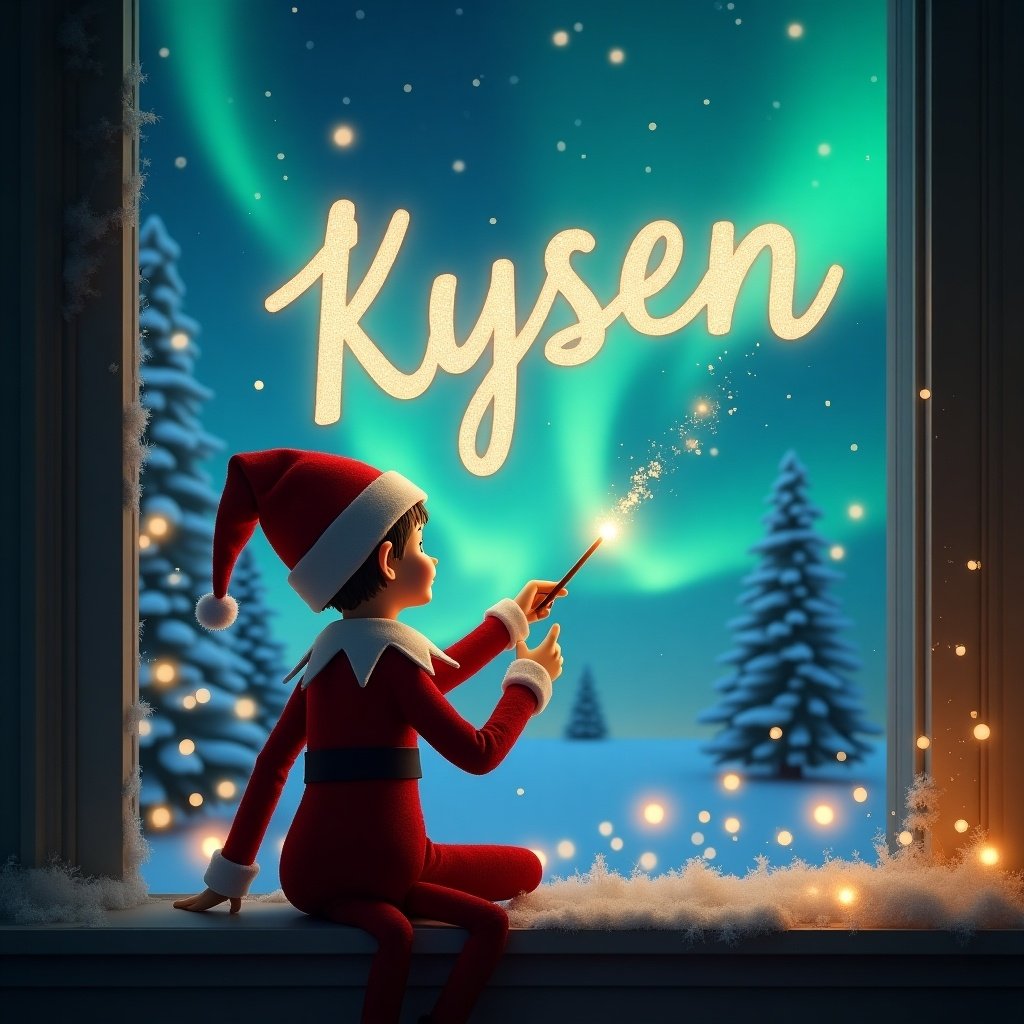 Elf on the Shelf character faces the night sky. Holds a magic wand in hand. Background features a magical Christmas scene with northern lights. Snowy trees surround the scene. Name 'Kysen' is written in the air above the elf.