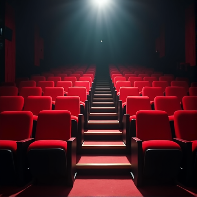 An empty cinema theater with rows of plush red seats, illuminated by a bright overhead light.