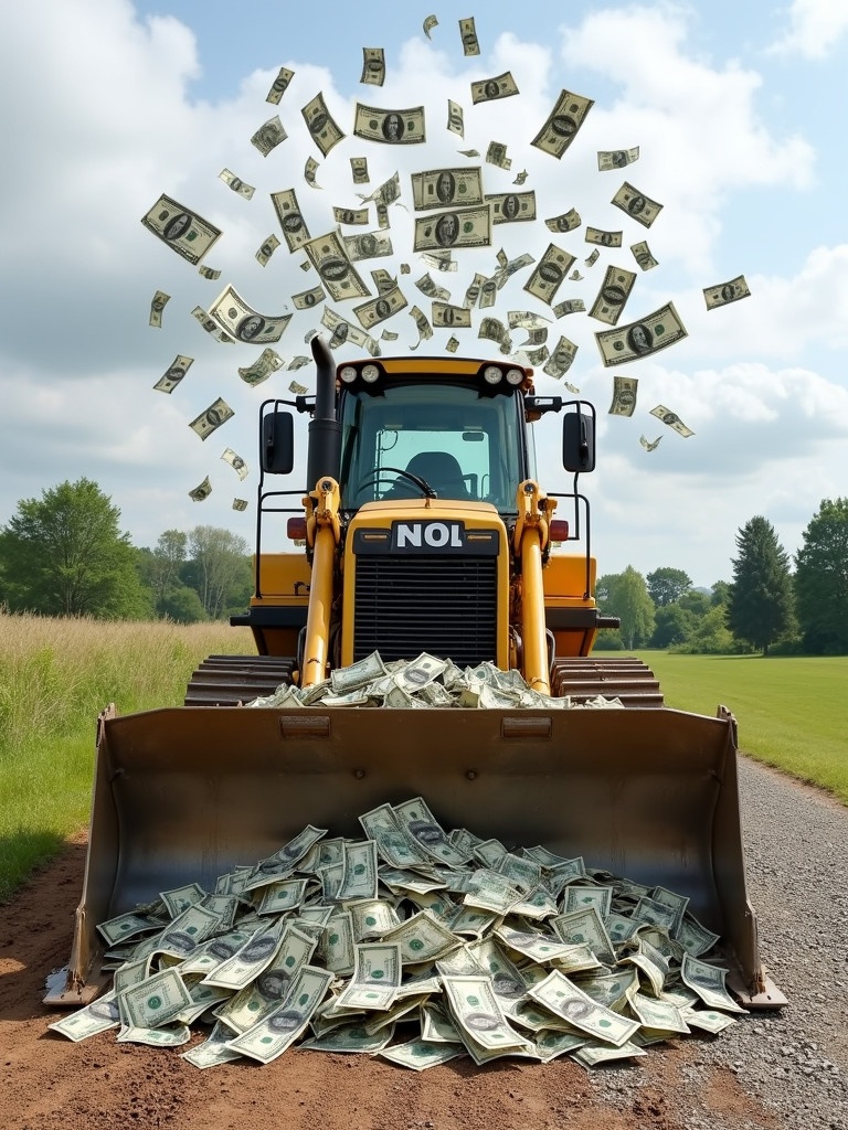 A bulldozer pushes a massive pile of money. The scene is outdoors on a bright cloudy day. Grassy area on one side; gravel path on the other. Money includes various denominations. Bills are flying in the air and scattered around. A whimsical atmosphere surrounds money transport.