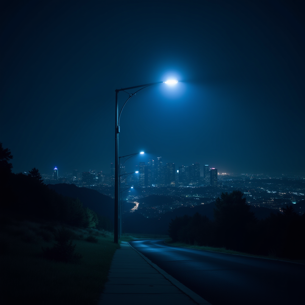 A serene, moonlit road descends through trees towards a brightly illuminated city skyline.