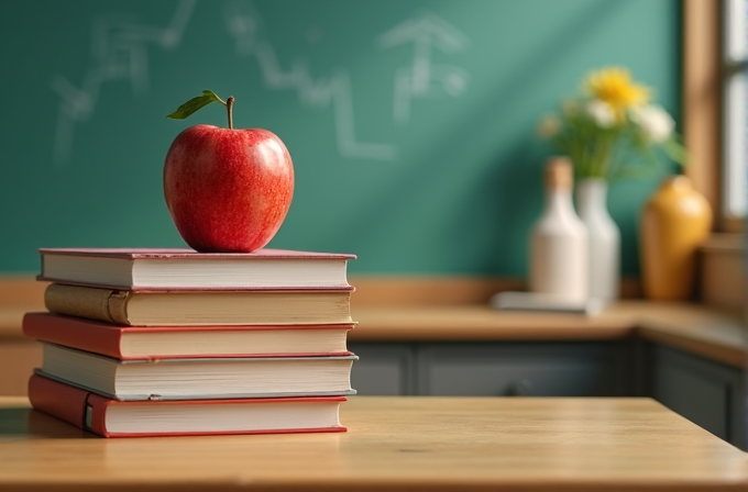 A red apple sits atop a stack of books on a desk, with a chalkboard and vase of flowers in the background.