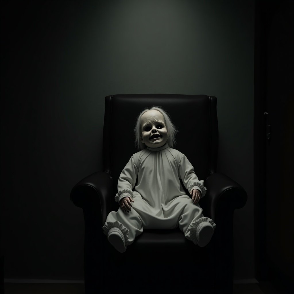 Scary doll ghost with soulless smile seated in a chair. Dark room ambiance. Horror movie aesthetic.