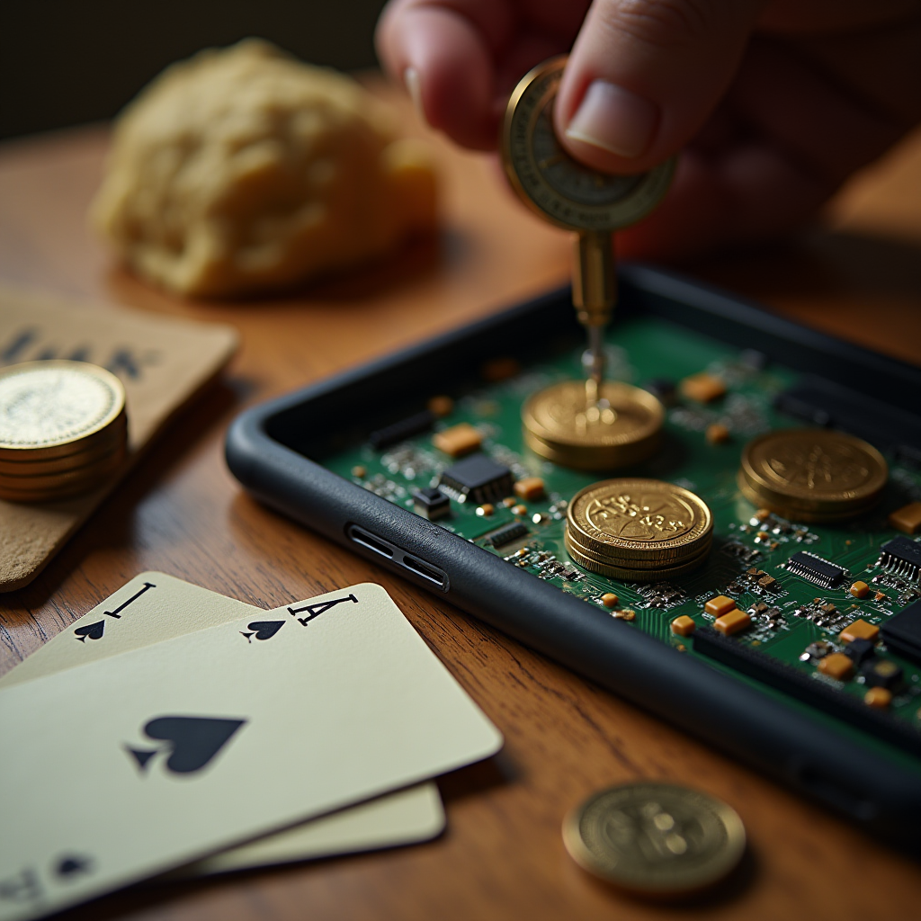 A hand places a coin on a circuit board next to poker cards on a table.