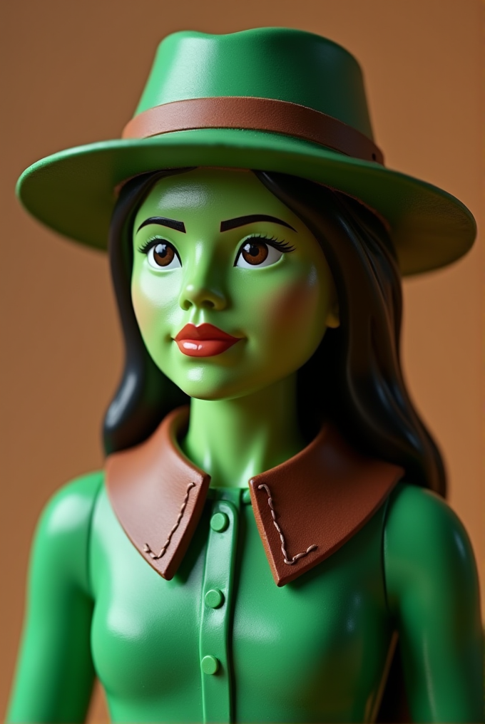 A stylized figure with green skin, wearing a green hat with a brown band and a matching green shirt with a brown collar.