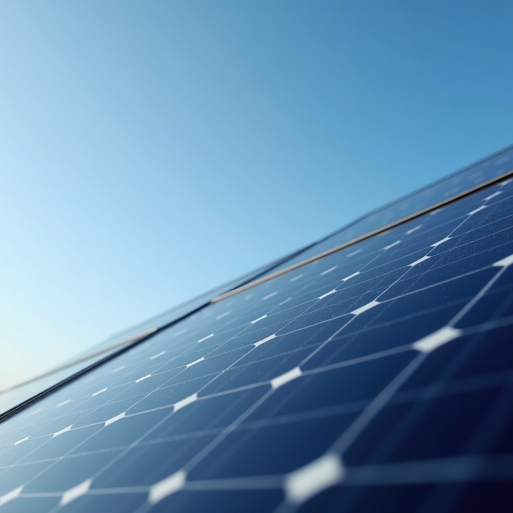 Close-up of a solar panel against a clear blue sky.