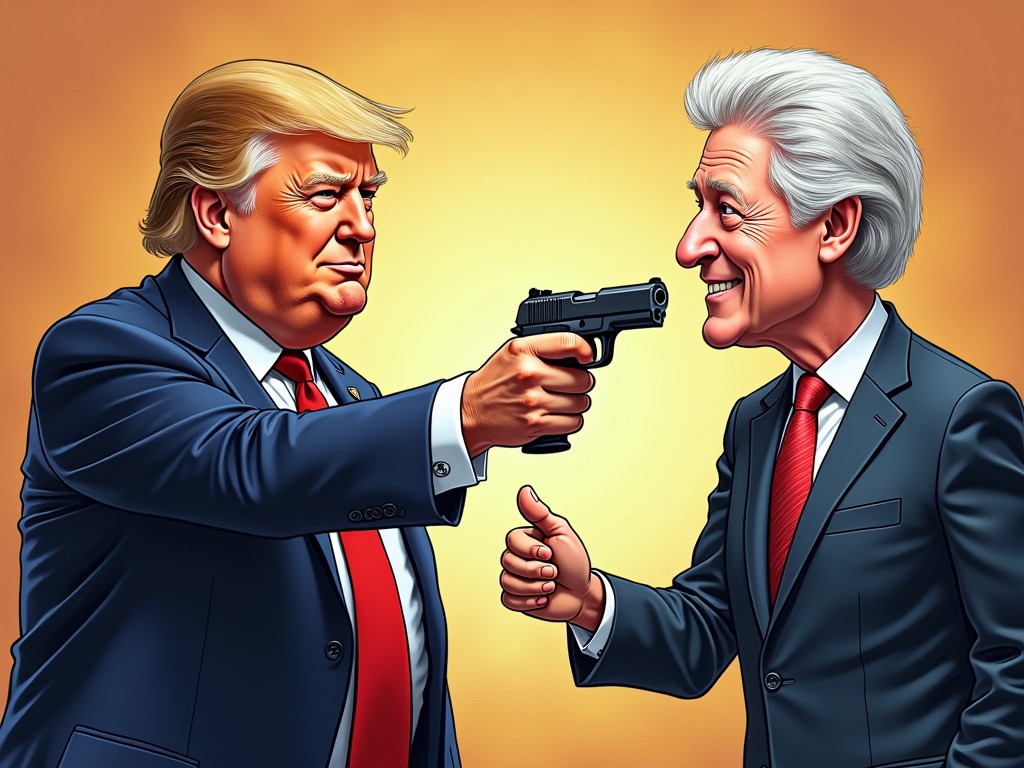 This digital illustration portrays two suited figures engaged in an intense standoff. One figure holds a gun aimed at the other's head, who in turn offers a thumbs-up gesture. The backdrop is a plain, warm gradient, emphasizing the characters' expressions and actions.