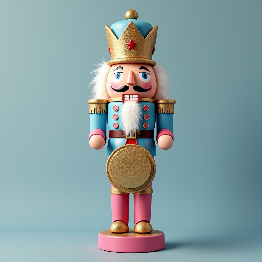 Colorful nutcracker figurine with drum. Bright blue and pink attire. Golden crown and accents. Large smile and mustache. Displayed against a soft background. Cheerful and festive appearance.