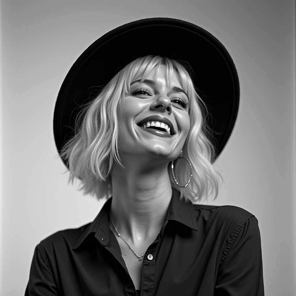 A monochrome portrait of a smiling woman wearing a wide-brimmed hat, hoop earrings, and a button-down shirt.