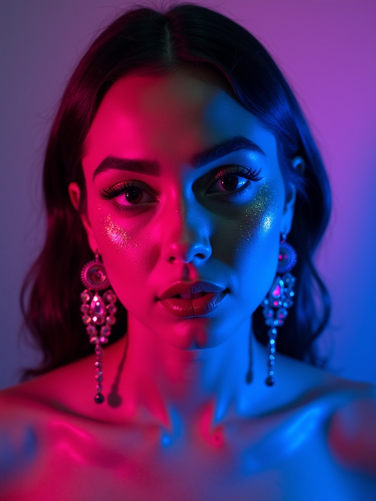 Close-up portrait of a person in vibrant neon lights. Shades of blue pink and purple create dramatic glow. The subject wears elaborate earrings. Bold makeup with glitter highlights on cheeks and shoulders. Softly out of focus background emphasizes colors and features.