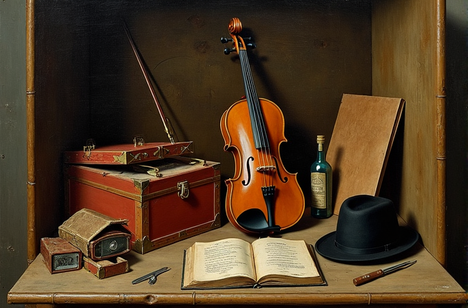 A still life composition featuring a violin, open book, hat, wine bottle, and vintage suitcase.