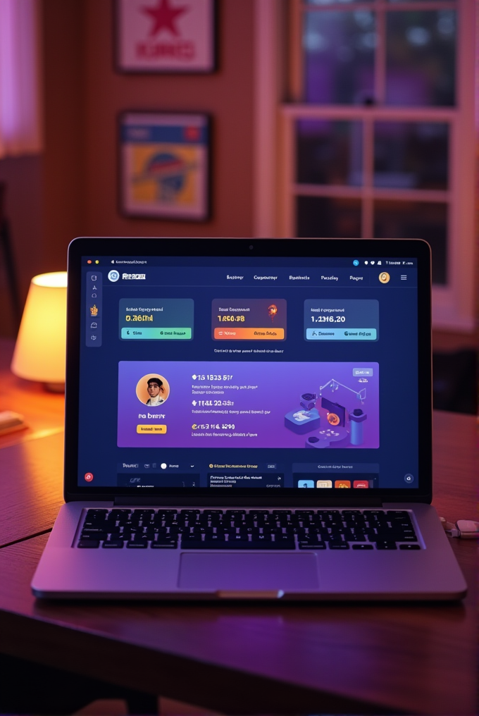 A laptop displaying a colorful cryptocurrency dashboard, placed on a wooden table in a cozy room with warm lighting and framed art on the walls.