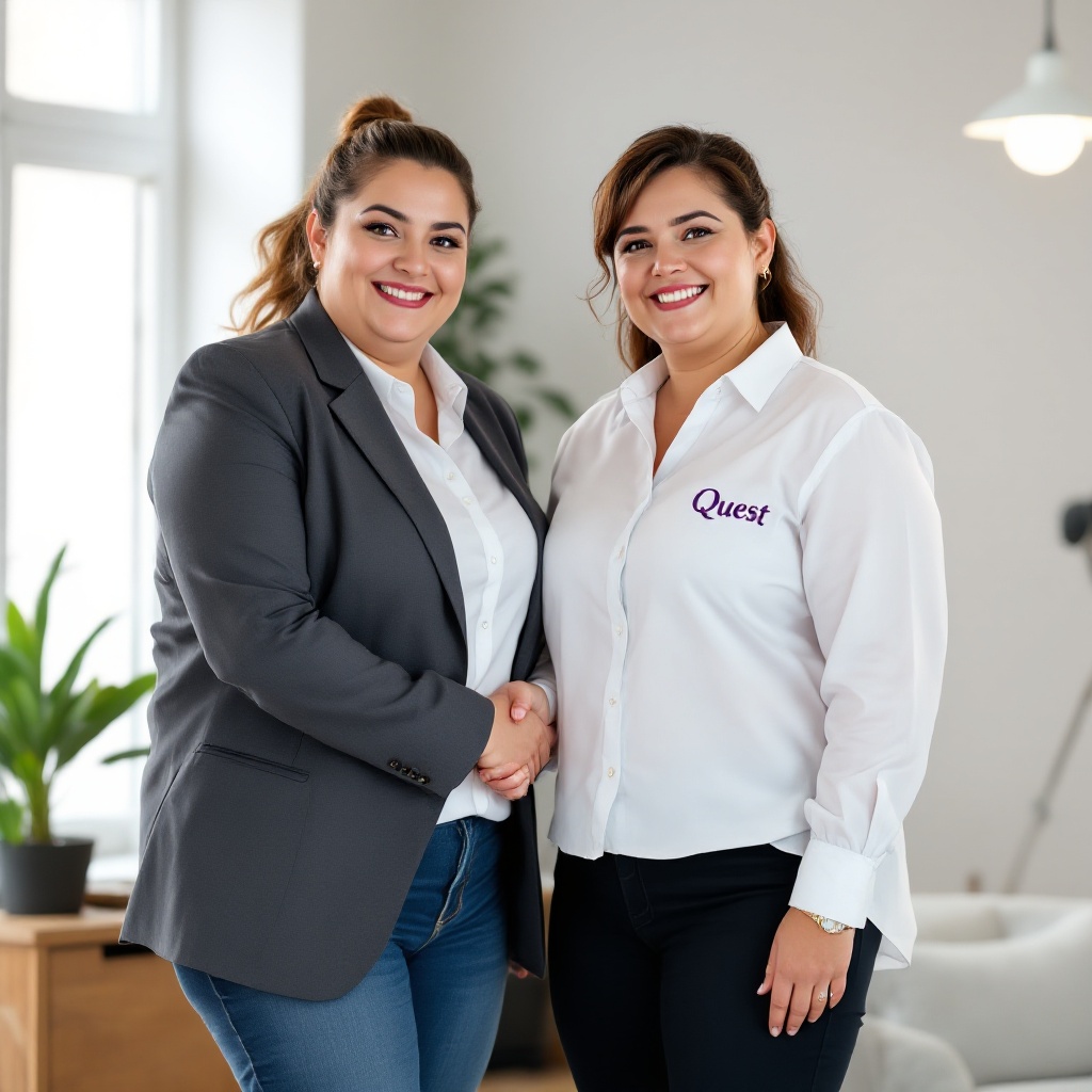 A warm friendly daycare teacher stands confidently. She wears a crisp white shirt with Quest embroidered in purple. Comfortable blue jeans complement her look. Her expression is kind and approachable. She shakes hands with a poised company executive in sleek business attire. The setting is professional and welcoming, reflecting warmth and professionalism.