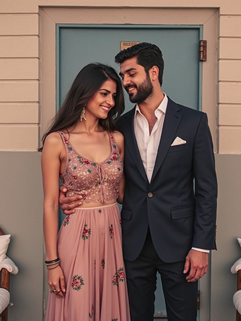 A couple poses together in elegant clothing. A woman wears a beautifully embellished blush pink dress. A man stands beside her in a classic navy suit. The background shows a simple door.